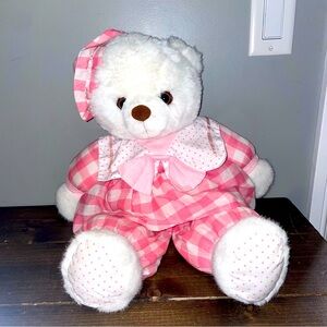 Vintage happiness aid white teddy bear with pink outfit
 from 1993
